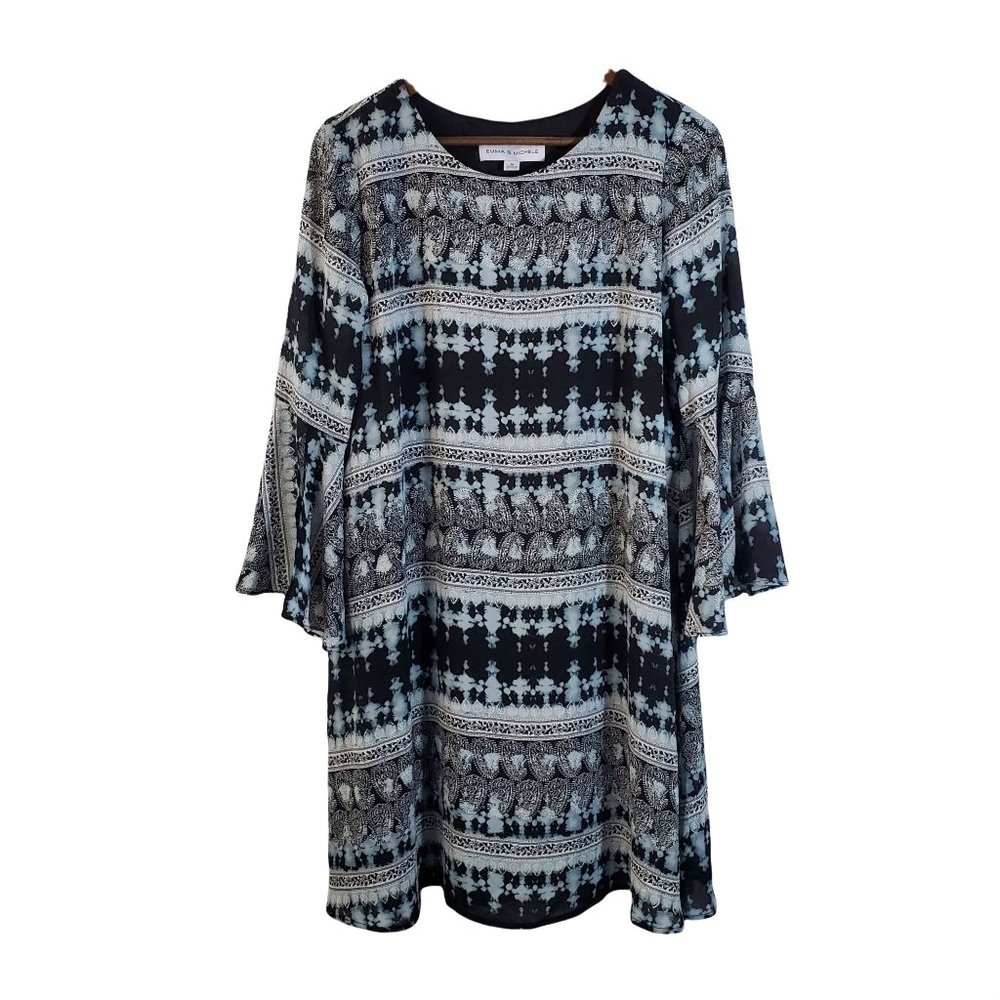 Emma & Michele Womens M Black Gray White Paisley Floral Tie‎ Dye Short Dress